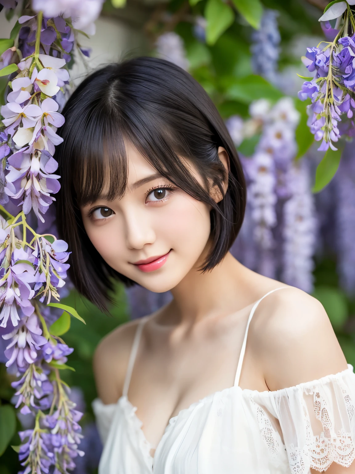 Medium Shot、((Upper Body))、(highest quality:1.5)、(Realistic:1.5)、(1 person:1.5)、(Very detailed)、(High resolution)、8k、((Wear an off-the-shoulder dress))、Slightly small breasts、Natural color lips、Cute Smile、20-year-old girl、(Beautiful and elaborate face)、(Perfect and beautiful face)、(Big eyes)、(Beautiful and elaborate face)、(Beautiful, balanced eyes)、Perfect and beautiful double eyelids、Perfect and beautiful face、Arched eyebrows、 Thin eyebrows、Feminine poses、Slim face、Slim body型、Beautiful and thin nose、 Beautiful Skin、(Medium Bob Hair)、Natural Bangs、Fair skin、Front lighting、(Lighting the face)、(Beautiful cleavage)、Deep blue eyes、Slim waistline、Standing in front of a tunnel of wisteria flowers、Angle from below、Slim body、