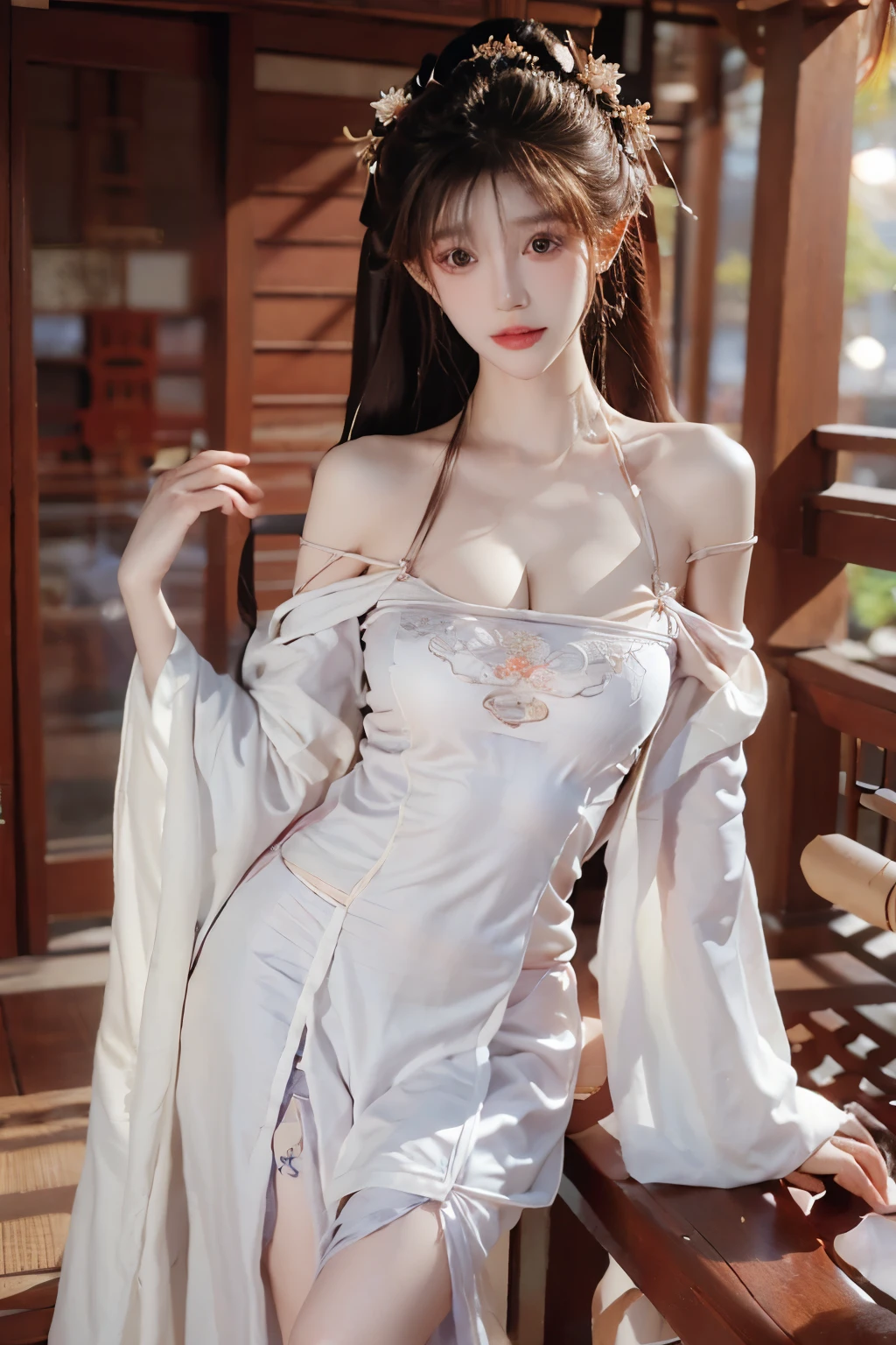 Beautiful woman with perfect body：1.4，Layered Hairstyle，Prominent cleavage，Highly detailed face and skin textures，Double eyelids，Skin Whitening，Long hair，Whitened long legs，（Lilac low-cut Hanfu）Stand on the balcony