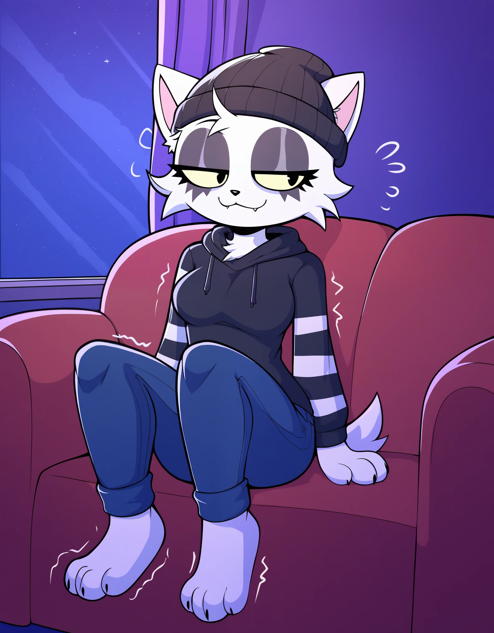 (best quality, masterpiece:1), solo, (shaded face:1.2), furry female anthro meowskulls, (noseless:1.1), sitting on couch, living room, tail, medium breasts, bored, looking away, closed mouth, ((Correct anatomy))), (mocking smile), (shivering:1.2), half-closed eyes, beanie, black hoodie, striped sleeves, black jeans, meowskulls paws, visible feet, (living room background, night)