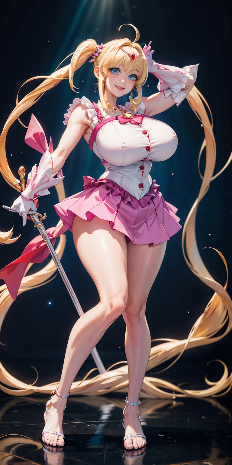 masterpiece, best quality, highres, hmnl, hmnl, twintails, tiara, blue eyes, idol, dress, gloves,(best quality, high-res, masterpiece:1.2), ultra-detailed,1.37, portraits, vivid colors, studio lighting, sharp focus, physically-based rendering, long hair, blue eyes, beautiful detailed eyes, beautiful detailed lips, twintails, tiara, ahoge, hair ornament, idol, dress, gloves, standing, smile, huge breast, curvy, staff, long skirt, standing, full body, flipflops, larges skirt, long skirt, refsheet