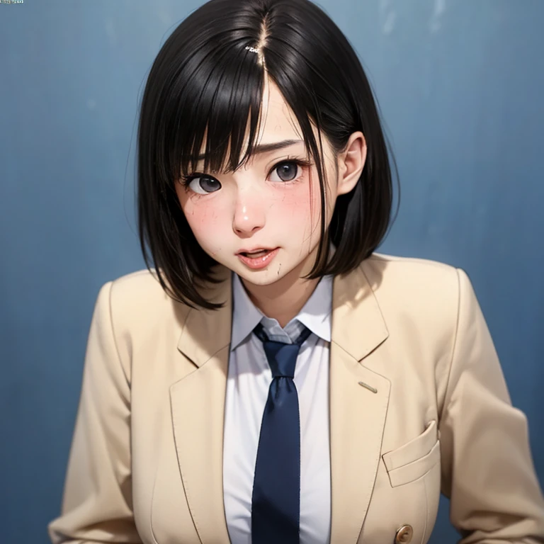 NSFW, (kawaii 24 year-old Japanese girl, Nogizaka idol, Korean idol), (glossy hair, very short hair, bangs:1.3), (beautiful black eyes, rounded face, single eyelid, no makeup:1.4), (embarrassed, noseblush, sex silly, orgasm, empty eyes, half opened mouth:1.5), (cum to face, semen on the face, bukkake:1.5), (wearing suit jacket, collared shirt, necktie:1.3), (extra small breasts:0.9), BREAK, (simple blue background:1.3), (view from forward, bust shot:1.3), BREAK, (masterpiece, best quality, photo realistic, official art:1.4), (UHD, 8K quality wallpaper, high resolution, raw photo, golden ratio:1.3), (shiny skin), professional lighting, physically based rendering, award winning, (highly detailed skin, extremely detailed face and eyes), Carl Zeiss 85 mm F/1.4, depth of field, 1girl, solo,
