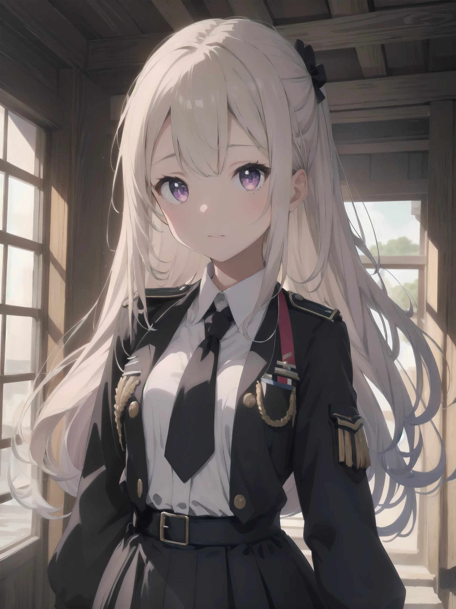 The girl wore a black German military uniform, The girl was draped in a black cloak, surreal, granblue fantasy style, extremely delicate and beautiful, upper body, looking at viewers, focus on eyes, hands behind back, grace, Perfect female body, girlan extremely delicate and beautiful girl, young, Very long hair, sliver hair, big forhead, hair over shoulder, shiny platinum blonde hair, long hair flowing with the wind, detailed face, serious, beatiful detailed eyes, medium chest circumference, white skin, holster, necktie, black capelet, gloves, German military uniform, black gauze skirt, formal, black Clothes, indoors, palace, State banquet, best masterpiece, hyper quality, ultra-detailed,purple eyes,Military uniform,1girl, solo, long hair, pink hair, hairclip, bangs, pink eyes, , pink bow, white shirt, collared shirt, long sleeves, grey skirt
