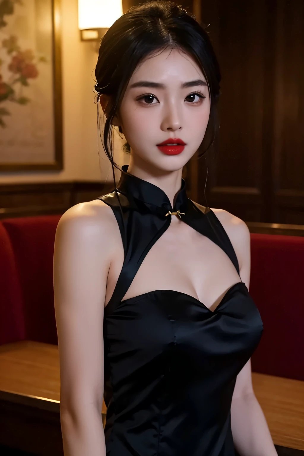 1 girl,shrub,Girls Girls, Black cheongsam dress, blunt, (masterpiece:1.4), (best quality:1.4), (Oily skin), Red lips, Looking at the audience, Large Breasts, Cleft lip, Upper Body,