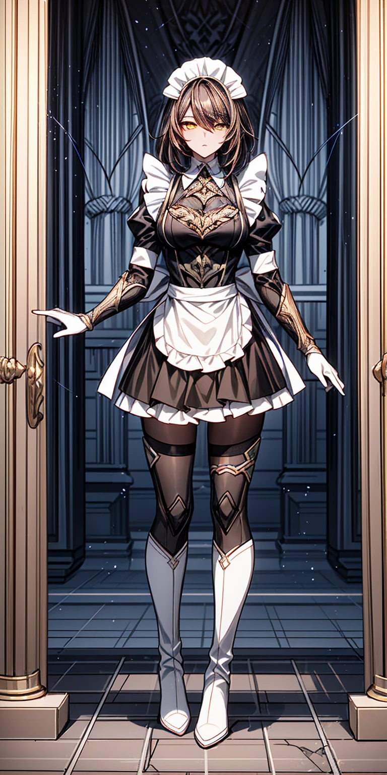 Full body standing straight symmetrical (mature female:1.4) (masterpiece, best quality) (maid, maid headdress, maid apron) indoors, window, best quality, high quality, dark black SKIN. Long messy hair, yellow eyes, full body, def_effie, blue breastplate, looking at viewer, shiny armor, thigh highs, high boots, shoulder armor, faulds, poleyn, red gloves gauntlets