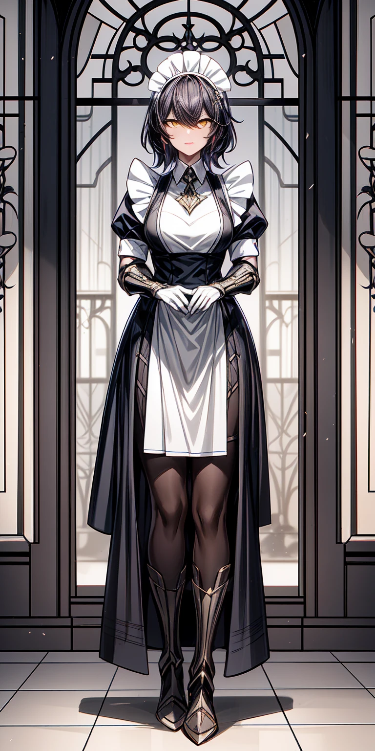 Full body standing straight symmetrical (mature female:1.4) (masterpiece, best quality) (maid, maid headdress, maid apron) indoors, window, best quality, high quality, dark black SKIN. Long messy hair, yellow eyes, full body, def_effie, blue breastplate, looking at viewer, shiny armor, thigh highs, high boots, shoulder armor, faulds, poleyn, red gloves gauntlets