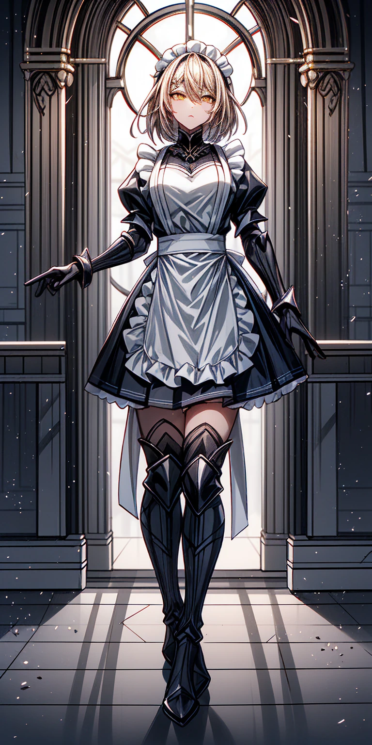 Full body standing straight symmetrical (mature female:1.4) (masterpiece, best quality) (maid, maid headdress, maid apron) indoors, window, best quality, high quality, dark black SKIN. Long messy hair, yellow eyes, full body, def_effie, blue breastplate, looking at viewer, shiny armor, thigh highs, high boots, shoulder armor, faulds, poleyn, red gloves gauntlets