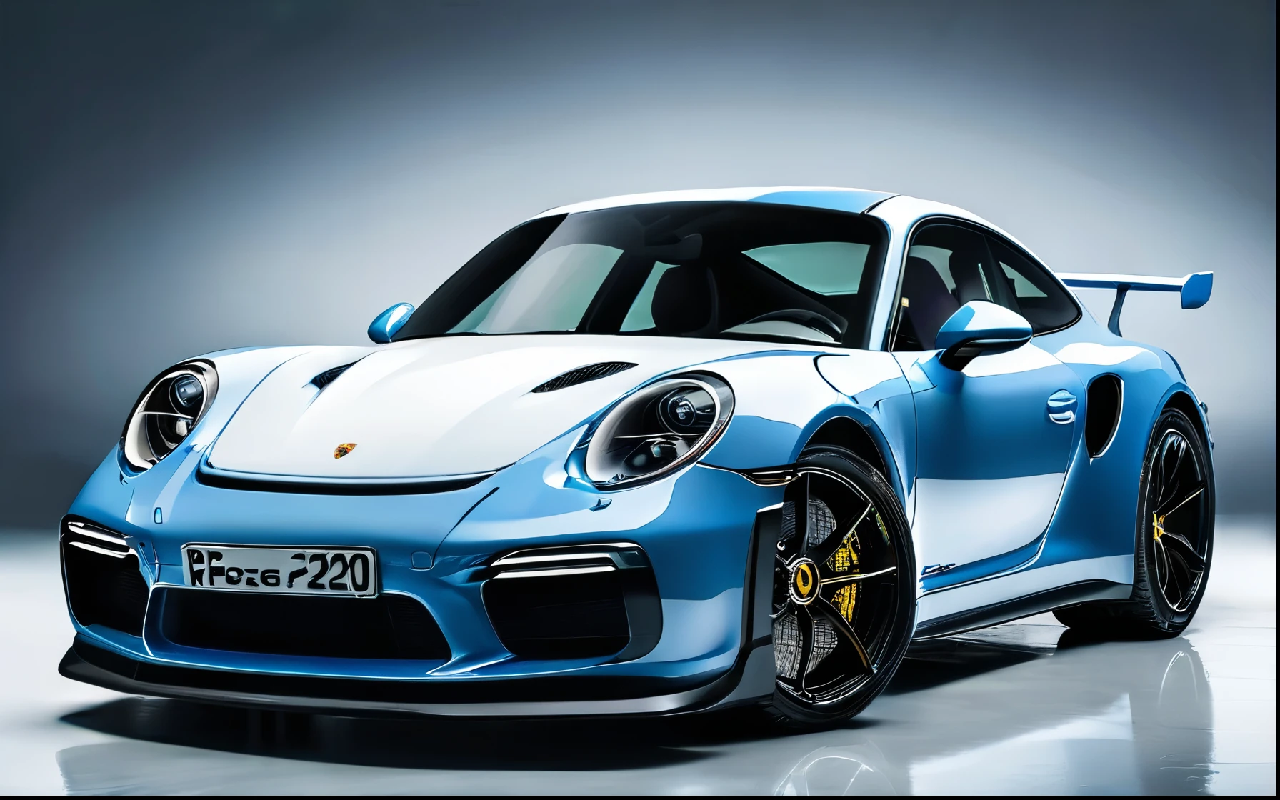 a 2022 blue porsche, reflection, black background, realistic