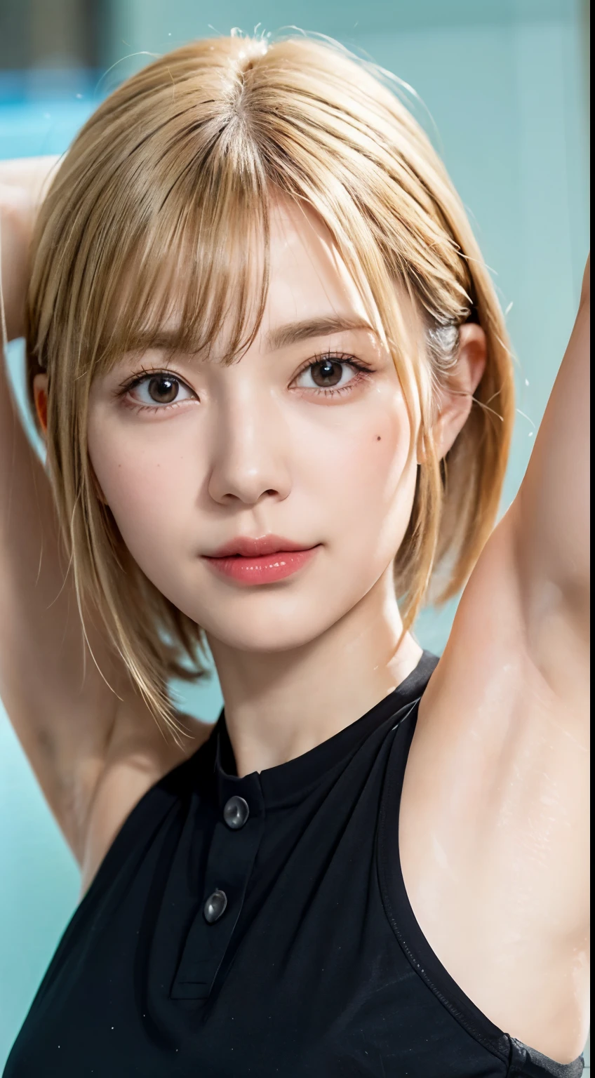 (Realistic:1.3、Ultra HD、Ultra-high resolution、8k、Japanese office lady、Realistic、black collared shirt、At work、)、((Look Viewer:1.8))、(Extremely realistic skin texture:1.4)、(Realistic:1.3)、short hair、(Embarrassed expression:1.5)、(blonde:1.5)、(40-year-old woman、Mature Woman)、Ponytail hairstyle、(Raise both arms to show your armpits:1.8)、(Face close-up:1.4)