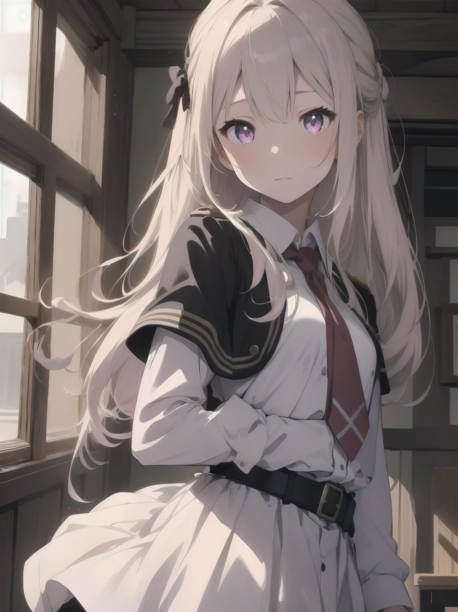 The girl wore a black German military uniform, The girl was draped in a black cloak, surreal, granblue fantasy style, extremely delicate and beautiful, upper body, looking at viewers, focus on eyes, hands behind back, grace, Perfect female body, girlan extremely delicate and beautiful girl, young, Very long hair, sliver hair, big forhead, hair over shoulder, shiny platinum blonde hair, long hair flowing with the wind, detailed face, serious, beatiful detailed eyes, medium chest circumference, white skin, holster, necktie, black capelet, gloves, German military uniform, black gauze skirt, formal, black Clothes, indoors, palace, State banquet, best masterpiece, hyper quality, ultra-detailed,purple eyes,Military uniform,1girl, solo, long hair, pink hair, hairclip, bangs, pink eyes, , pink bow, white shirt, collared shirt, long sleeves, grey skirt
