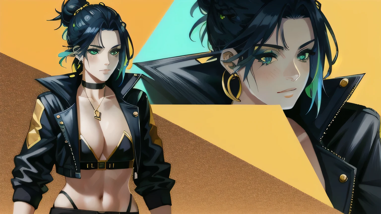 best quality, masterpiece, 8k wallpaper, absurd, highres, ultra detailed, (1 young beautiful girl, solo: 1.1), piercing eyes, navel, fingerless gloves, black cropped jacket with gold dragon pattern, gold harajuku patterned jacket, colored hair - colorful, single hair bun (loanword) belt ï1/4, earrings, blonde hair, black crop top, belly, makeup, green hair, open jacket, two-tone hair, open shirt, blue eyes, lips , triangle earrings, gold belt, black hair, breasts, black pants, hoop earrings, standing, black gloves, blue hair, zipper, cowboy shot