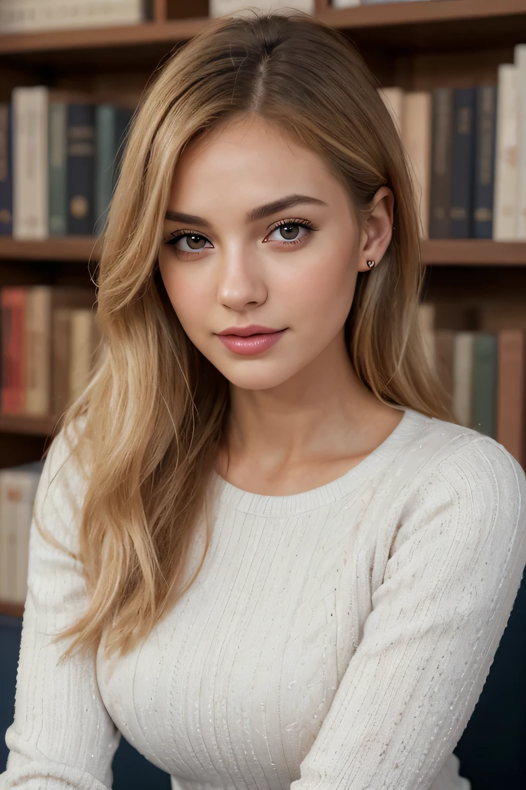Ultra high resolution, (Photorealistic: 1.4), UHD, best quality, ultra-detailed, ultra-realistic, real photo, lonely, sparkle, Sony FE GM, UHD, retina, masterpiece, ccurate, anatomically correct, high details, super detail, high quality, 8k, highres. 1 blonde woman, 24 years old, long hair, delicate features, (real white texture:1.3),(slender figure:1.1) detailed face, brown eyes, (eye reflection), light smile, beautiful, perfect body (medium breasts), fitness body balanced, ((wearing blue pullover dress)). Photographing in the work studio, sitting in a beige armchair, in the background a bookshelf with some books, work of instagram influencer, (looking at the viewer: 1.2) (skin white texture) ( film grain: 1.3), (warm tone, warm tone: 1.2), close-up, .....RAW, upper half of body.