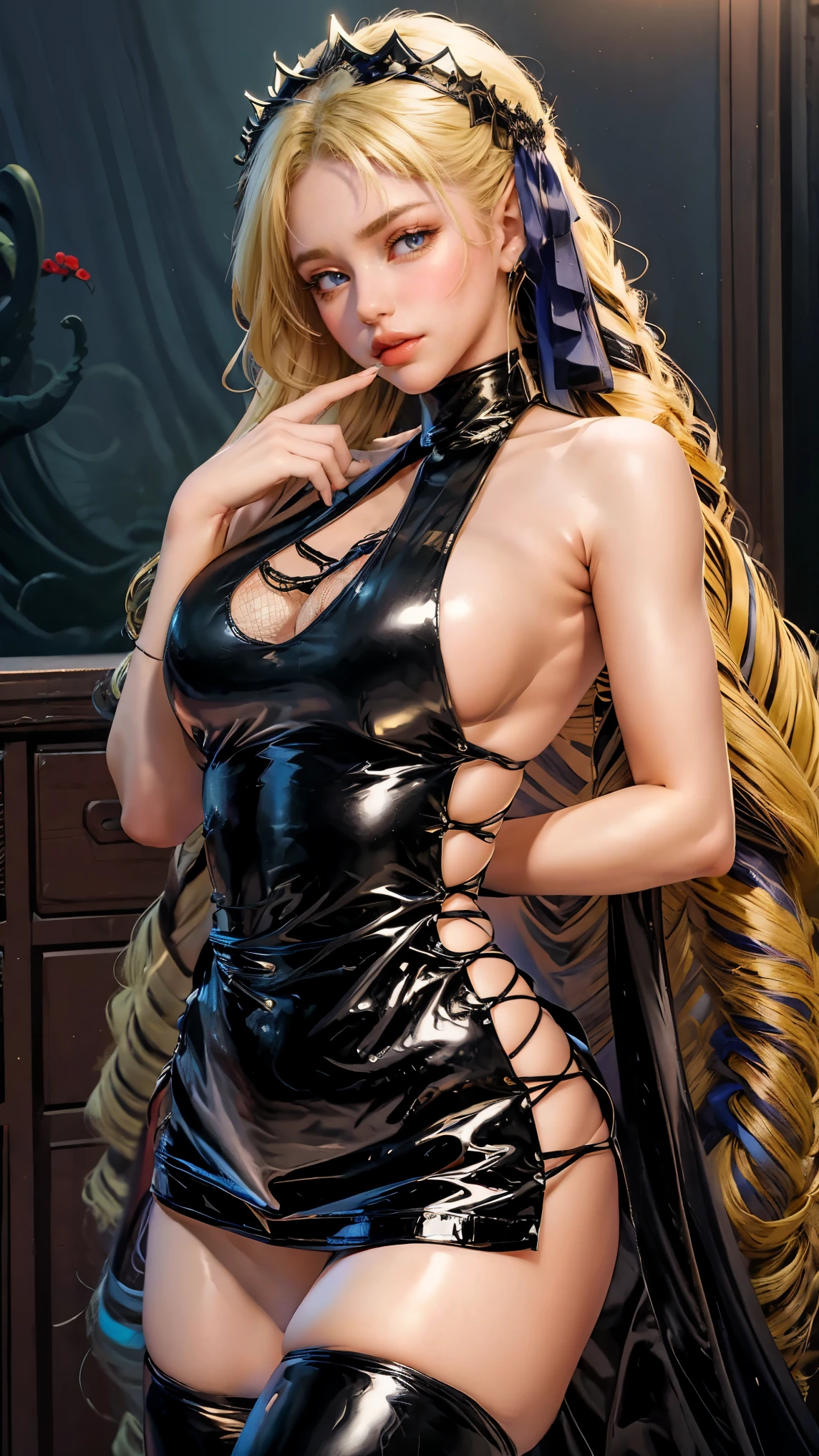 Best quality, masterpiece, ultra high res, raw photo, beautiful and aesthetic,deep shadow, dark theme,(ultra detailed:1.3),
1girl, sexy pose, Headdress, full of curtain, drill hair, long hair, blonde hair, gradient hair, yellow eyes, solo, huge breasts, big hair, blue hair, divine goddess, looking at viewer, chinese city, Chinese theme, Chinese style, indoors, bedroom, astraea, full body, (black leotard), (cross-laced clothes, sideboob), bare arms, black thighhighs, thigh boots