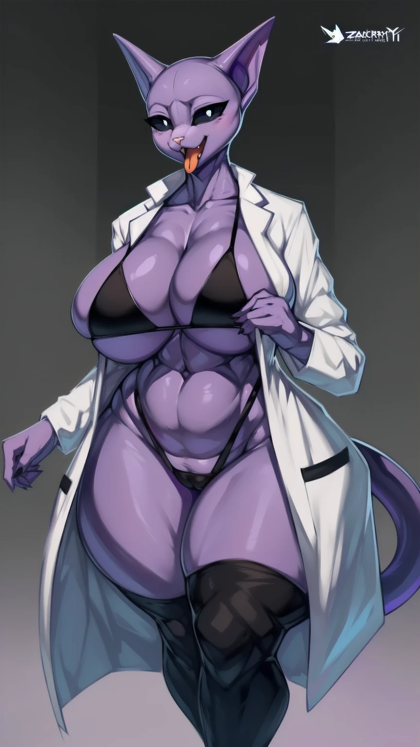 ((made by zackary911:1 art style)), ((adorable and cute cat face)), (color her skin and face purple:1), focus on the furry cat, ((tall female body and imposing)), ((superiority and perfect body)), ((face of a bald cat dressed only in a white scientist's laboratory coat that is open in half and she has a black microbikini:1 )), ((no hair anywhere on her body, no skin, total baldness, baldness:1)), masterpiece, Best quality, purple body and face color, a hairy and feminine woman is a cute cat with purple skin, orange cat tongue, no hair anywhere on her body, pink cat nose, big thighs, big tits, and big natural breasts.  , ((Hourglass Figure)), (1.4), huge, thick, thick body, huge sexy woman, perfect body, big breasts, big ass, perfect body, masterpiece, best quality, full figure, SEXY body voluptuous, soft.  Perfect, athletic body, big oval eyes with black sclera and white pupils, orange tongue ((purple inside her cat ears)), light pink cat nose, black and white eyes, ((long dark purple tail), ( (completely smooth face)), ((purple female sphinx cat face)), ((sphynx cat head)), orange cat tongue, adorable face, ((Cute face)), voluptuous cat woman, ((white coat of scientific laboratory that completely covers her body in a black microbikini)), furry cat with happy face expression, Venus Perfect body, ((only 2 normal purple cat ears, no hair on the head:1)), completely, high quality, handiwork teacher, adorable and sexy, Beautiful adorable Perfect body, violet color of body and face, big black eyes with white iris, cat mouth, cat teeth, bald body, on a romantic date, ((made by zackary911 art style: 1)