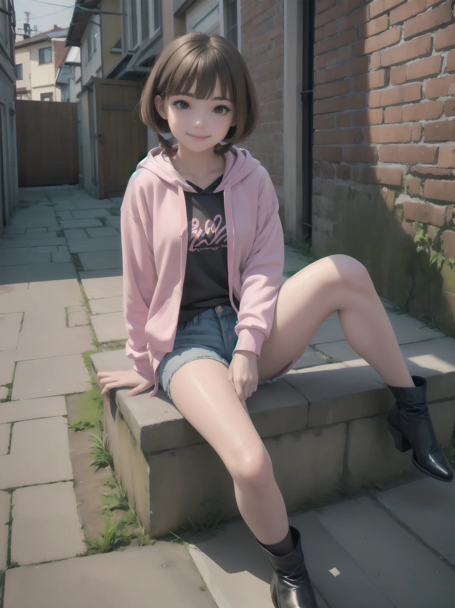 masterpiece, highest quality,Shiny,Abuse of chromatic aberration,pastel colour,whole body,Wide Shot,Perfect Eyes、 One girl,alone, ,Bob cut braids,Red eyes,Brown Hair,smile, View your viewers,Immature girl, architecture,wood,alley,Cobblestones,Sitting, with own hands, Pink hoodie, Black pantyhose,Denim shorts
