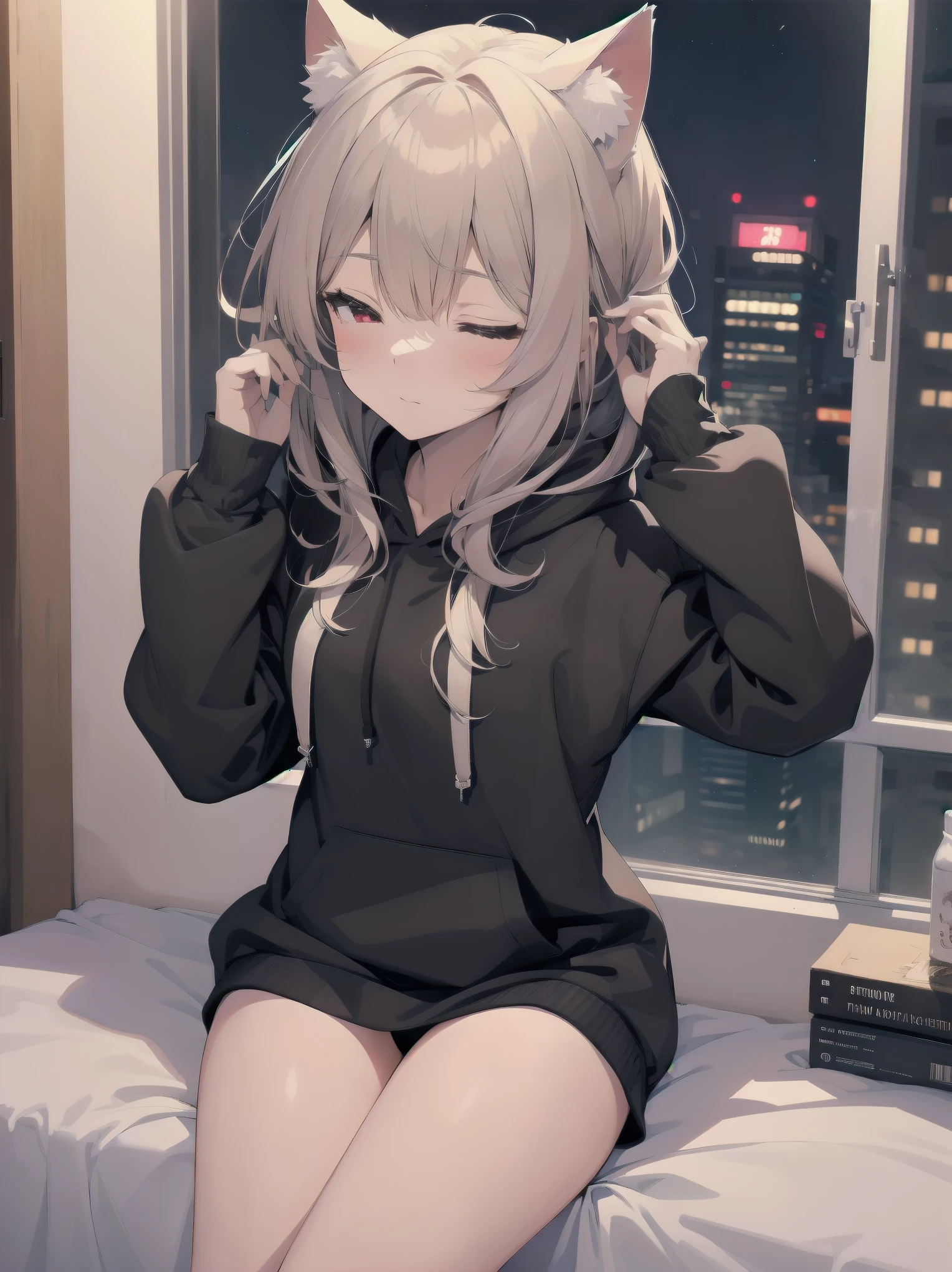 A cute girl with cat ear hood, ((cute)), a masterpiece, highest quality, impeccable face, hoodie, hoodie up, looking up, hands up, slim, fur, cozy, warm, window, night, long hoodie, no pants, 4K, wallpaper, closed eyes, digital art, anime style, beautiful eyes, intimate, detailed, warm colors, red eyes, black stockings.