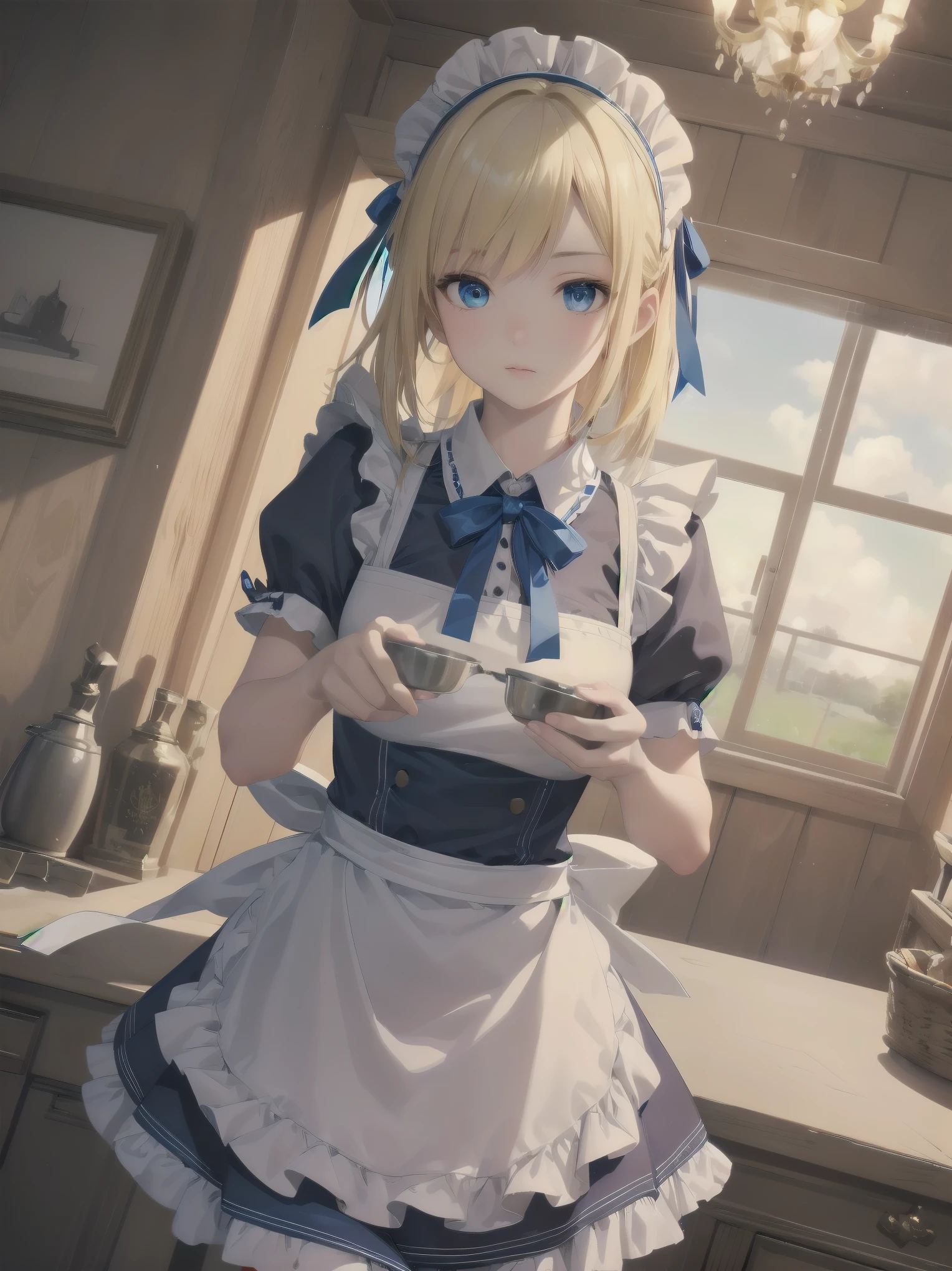 (Cowboy Shot:1.3),Blonde,Hello,blue eyes,tokidef, Maid, Maid headdress, Maid apron, Blue ribbon,masterpiece,Noise Reduction,Perfect Anatomy,High resolution, Very detailed,Game CG,Dutch Angle ,Beautiful fine details,Visual Arts,Five Fingers, Perfect hands, Perfect lighting,