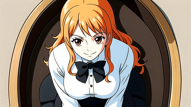 terpiece, ((ultra detailed background, delicate pattern, intricate detail)), (highly detailed, fine details), best quality, beautiful lighting, ((medium breasts, slim girl)), NamiFinal, ((White Button down shirt, Black tie, Black skirt, no panties)), simple shirt, 1girl, orange hair, solo, long hair, jewelry, brown eyes, Sitting on chair, Looking Down on camera,, devious smile, Dominating, Camera on floor, Step on camera