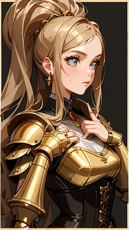 Close-up of a woman in a corset with a group of people, Edwards Poster Art, Gold and bronze armor, mechanical, Seventies, Ester-like face, 1970s Women Live, Keyframe, Doll Punk, Gold ring on chest, Barbarela, Metal, mechanicalanical, mechanicalanical superstructure  