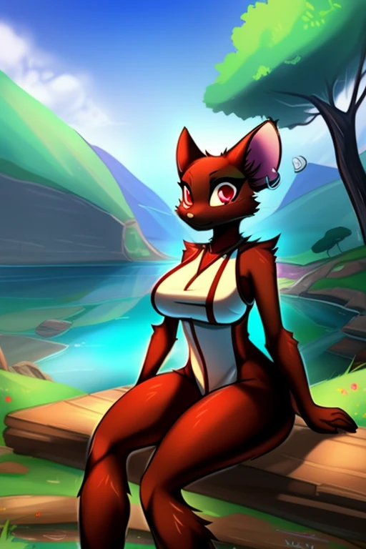 By zinfyuu on pixiv,by twistedscarlet60, uploaded on pixiv, by fluff-kevlar, (masterpiece), (best quality), (anthro furry:1.3, snout:1.2, anthro:1.3, furry:1.2, solo female:1.2), (extremely detailed:1.3), (red_detailed_eye), wearing white dress, sfw, forest, sitting, lake, nature beauty, view on viewer, camillerat, big breast, busty, thick thighs