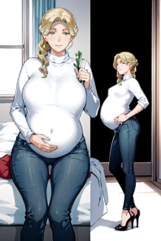 highest quality,masterpiece,anime,Very detailed,Fine grain,Perfect lighting,(35 year old mature woman),pants,(One girl:1.4),(Are standing:0.9),Leaning forward,window,Bedroom,Lie in,Blonde,Dramatic lighting,Looking at the audience,(Face of joy:1.3),Embarrassing,Totally blush,(High heels:1.2),Spread your legs,Perfect Legs,Cute Choker,Earrings,
Drooling,sweating,Seed Morihaha,sweater,Blondeの目,jeans,Braiding,turtleneck,Curvy,Pregnant women