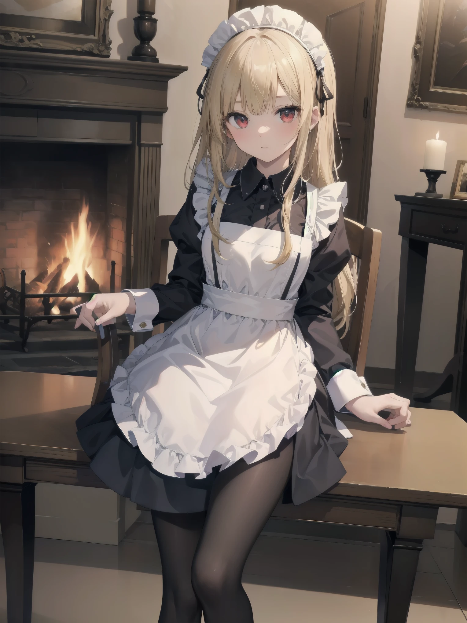 (Cowboy Shot:1.3),Blonde,Perfect Eyesm,Red eyes,solo、 Maid, Maid headdress, Maid apron, Blue ribbon,masterpiece,Noise Reduction,Perfect Anatomy,High resolution, Very detailed,Game CG,Dutch Angle ,Beautiful fine details,Visual Arts,Five Fingers, Perfect hands, 完璧なillumination,Luxury House、table、illumination、fireplace、Chair、High-end furniture、sit、Turning from sideways、Beautiful feet、Black pantyhose