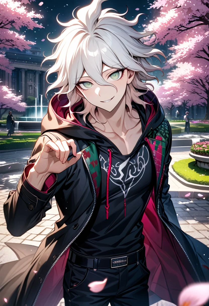 Ultra detailed, Highres, absurdres, HDR, Komaeda Nagito, white hair, expressive light green eyes, black long coat with patterns with a hoddie, Danganronpa, pink flowers, petals, handsome, sexy man, solo, very detailed eyes and face, park, fountain, black pants, cherry blossoms, black tight t-shirt, master piece, smirking, toned chest,