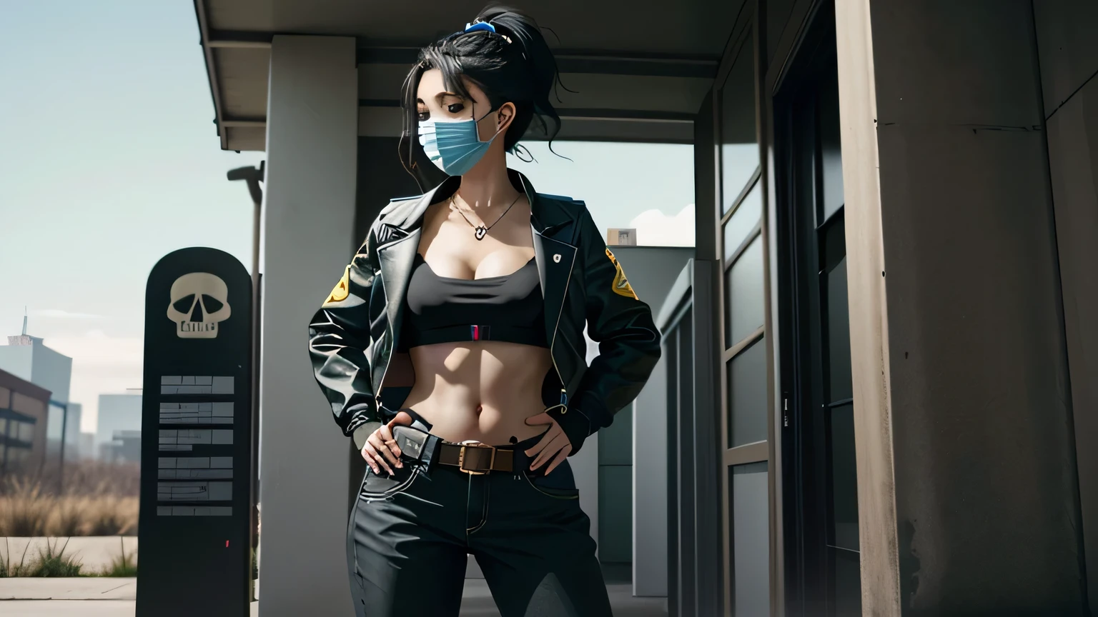 best quality,masterpiece,8k wallpaper,absurdres, highres, ultra detailed, (****ung beautiful girl, solo:1.1),(Skull Mask:1.3), sharp eyes,navel,fingerless gloves, black cropped jacket,jacket motif gold, multicolored hair, samurai ponytail (loanword)ï1/4belt, earrings, blonde hair, black crop top, midriff, makeup,green hair, open jacket,two-tone hair, open clothes, blue eyes, lips, triangle earrings, belt buckle, black hair, breasts, black pants, hoop earrings, standing, black gloves, blue hair, zipper,BREAK