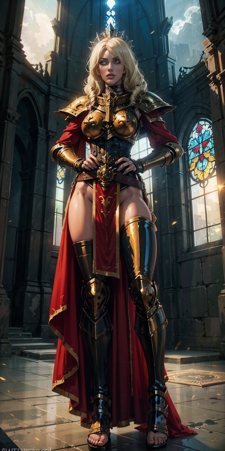 paladin lady in ornate golden armor, black collar, pauldrons, breastplate, corset, glowing halo, single braid, blonde, yellow glowing eyes, bright pupils, eye focus, red cape, temple indoors, stained glass windows, night, moonlight, particles, light beam, chromatic aberration, loincloth standing, hands on hips full body, whole body 1sologirl slave fighter, metal sandals, choker, big belt, view from below (feet together, bracers, tiara)