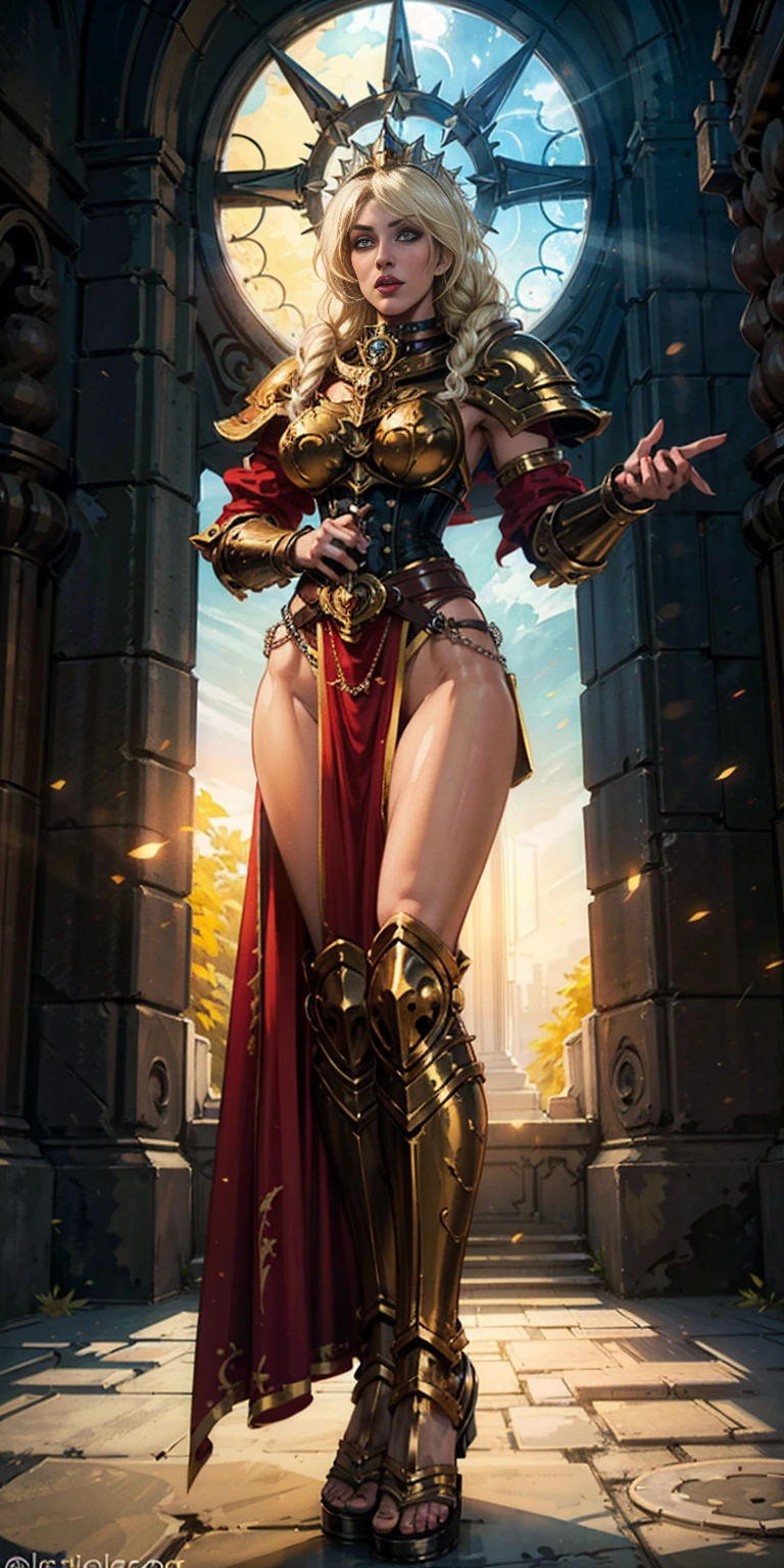 paladin lady in ornate golden armor, black collar, pauldrons, breastplate, corset, glowing halo, single braid, blonde, yellow glowing eyes, bright pupils, eye focus, red cape, temple indoors, stained glass windows, night, moonlight, particles, light beam, chromatic aberration, loincloth standing, hands on hips full body, whole body 1sologirl slave fighter, metal sandals, choker, big belt, view from below (feet together, bracers, tiara)