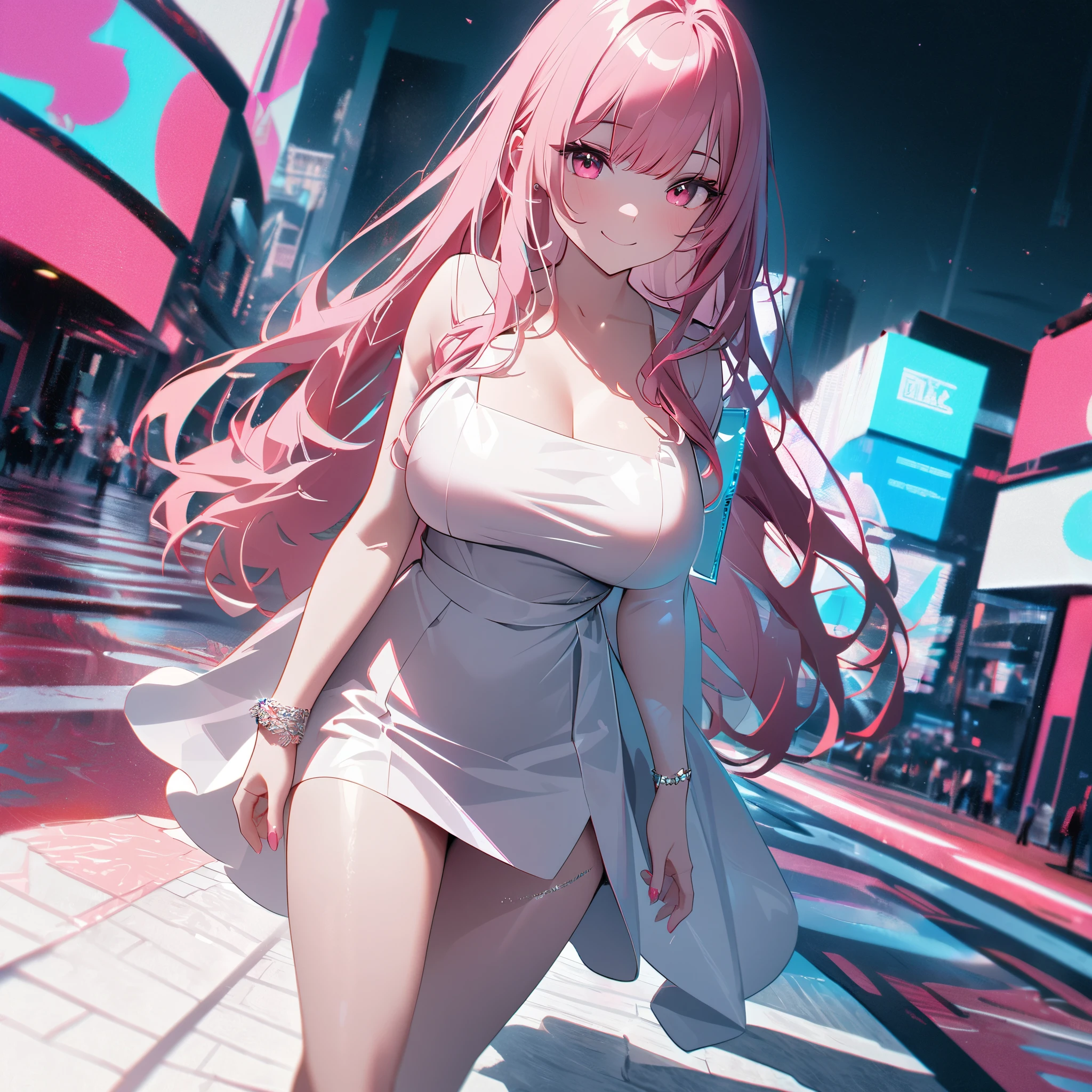 A woman wearing a long white dress, exposed leg, white heels, walking on the sidewalk of a modern city, silver bracelet on her arm, hot pink long hair with gray fringes, pink eyes, smiling, big breasts, pink nails, blurred background, holding one, drop shadow, anaglyph, stereogram, tachi-e, point view, atmospheric perspective, 8k, superdetail, accurate, best quality, award-winning, textured skin, high resolution, anatomically correct, bokeh effect, ((woman alone)
