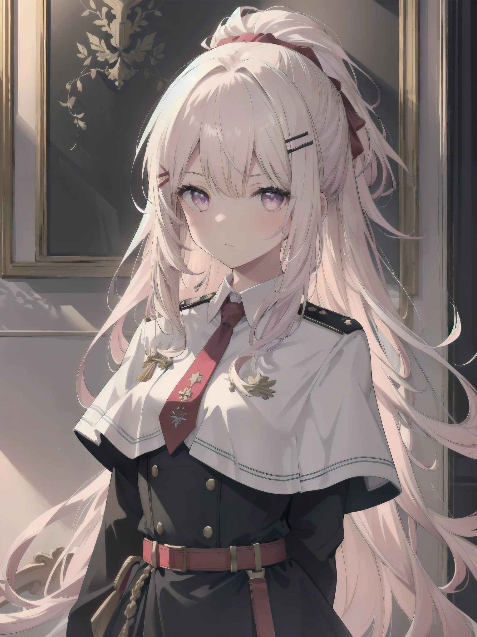 The girl wore a black German military uniform, The girl was draped in a black cloak, surreal, granblue fantasy style, extremely delicate and beautiful, upper body, looking at viewers, focus on eyes, hands behind back, grace, Perfect female body, girlan extremely delicate and beautiful girl, young, Very long hair, sliver hair, big forhead, hair over shoulder, shiny platinum blonde hair, long hair flowing with the wind, detailed face, serious, beatiful detailed eyes, medium chest circumference, white skin, holster, necktie, black capelet, gloves, German military uniform, black gauze skirt, formal, black Clothes, indoors, palace, State banquet, best masterpiece, hyper quality, ultra-detailed,purple eyes,Military uniform,1girl, solo, long hair, pink hair, hairclip, bangs, pink eyes, , pink bow, white shirt, collared shirt, long sleeves, grey skirt