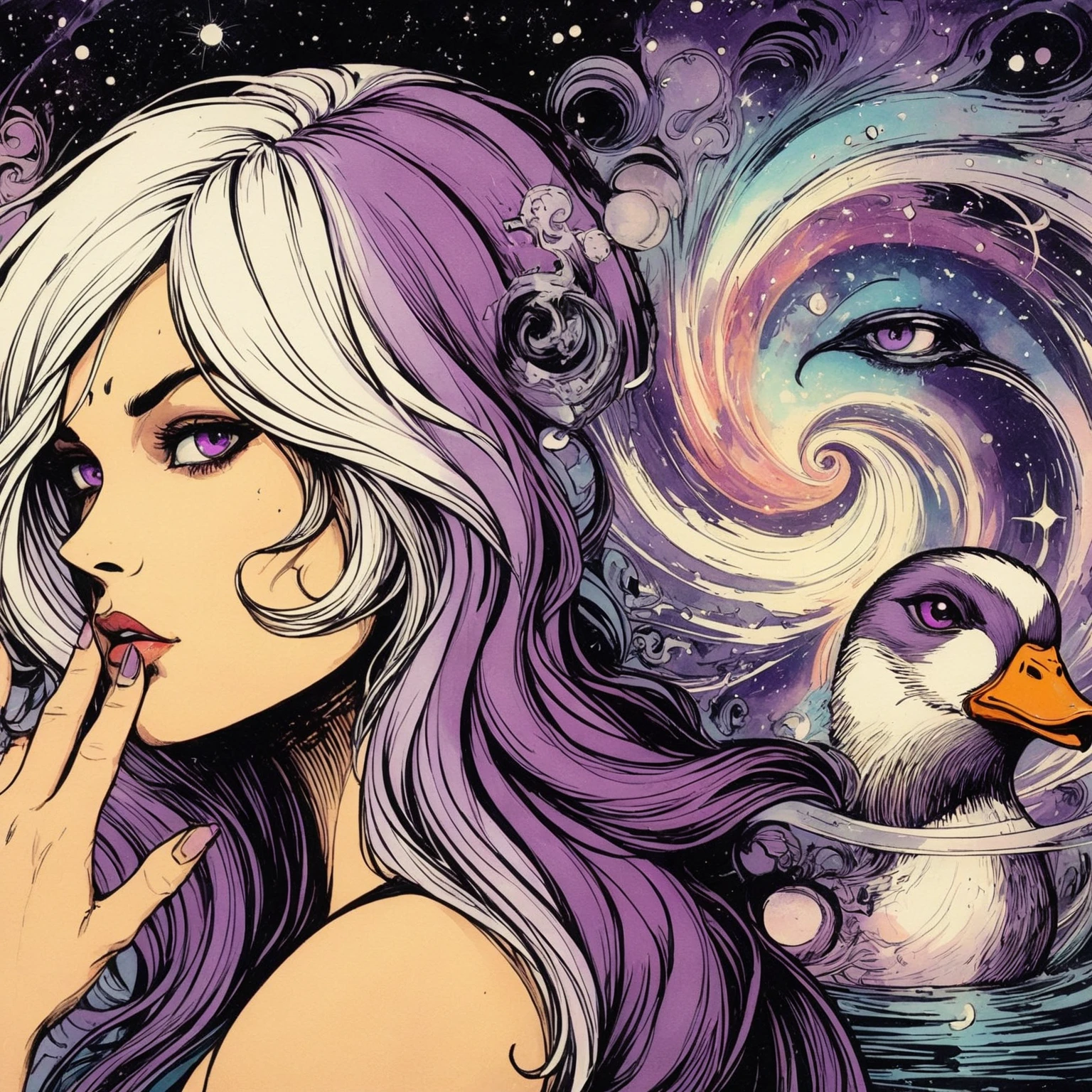 Cryptic Girl, Joelle Jones hand drawn expressive bold ink lines, full length portrait, (hair duo-tone purple, white gradient long hair), stylish futuristic steampunk black leather outfit, watercolor 1940's swirling vast abyss cosmos, indifferent, kind, balance, fate of cosmos, tapestry of galaxy, energy of wisdom and strength, hidden power of the planet, together with too precious adorable slightly sinister rubberduck, ((wordless)) cinematic poster, splash page, image within image, optical illusion, double exposure, (Cryptic Force) with 90\'s comics coloring style except her hair