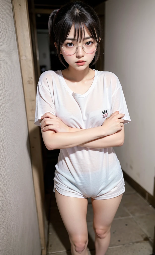 1girl, 18 years old busty woman, eye glasses, short ponytail hair, bangs, light pink blush, standing, underground tunnel, white t-shirt, cleavage, big , small waist, boxer_shorts, thicc_thighs
thighs, legs, perfect fingers, legs spread, shirt tug pose