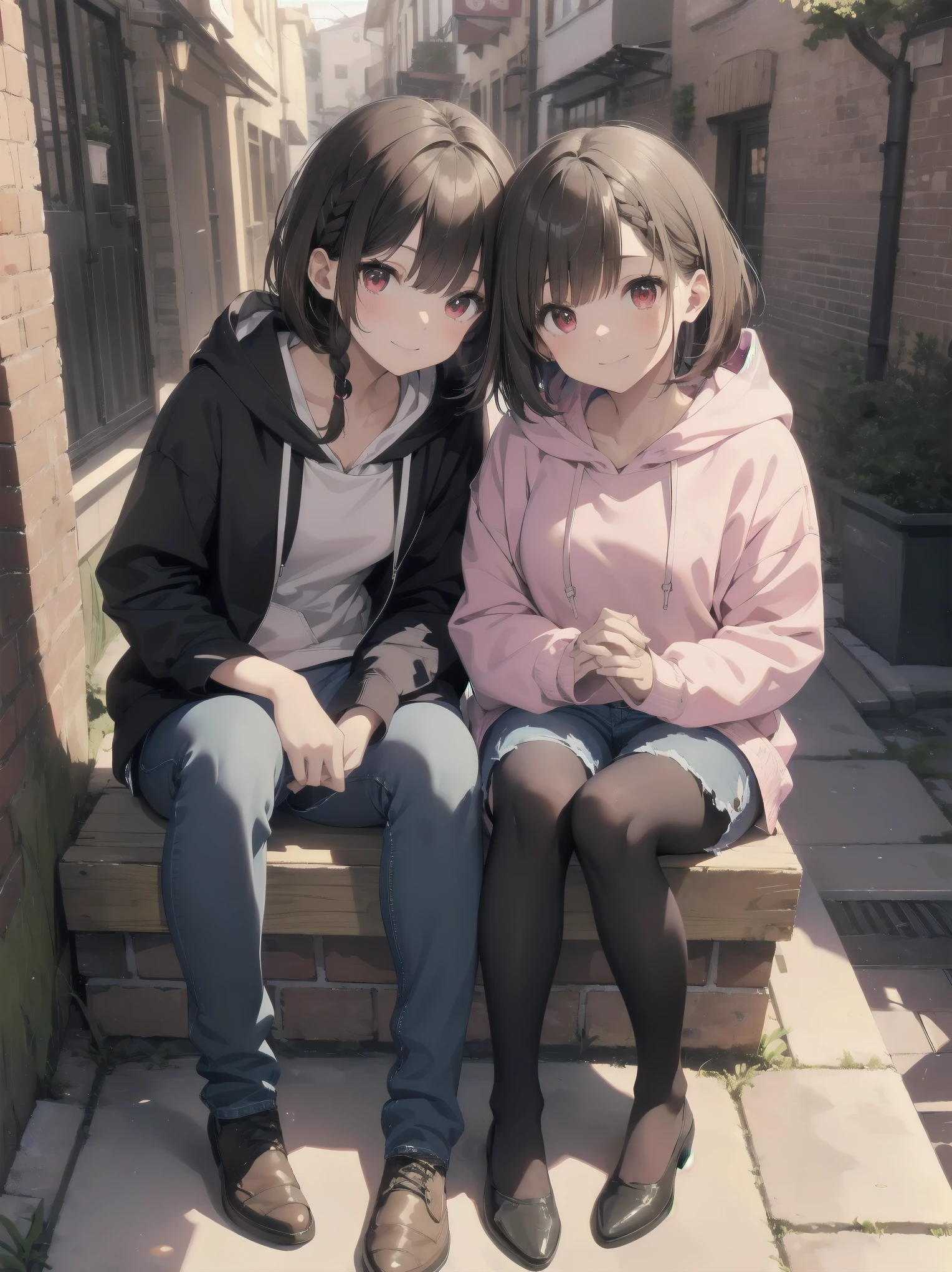 masterpiece, highest quality,Shiny,Abuse of chromatic aberration,pastel colour,whole body,Wide Shot,Perfect Eyes、 One girl,alone, ,Bob cut braids,Red eyes,Brown Hair,smile, View your viewers,Immature girl, architecture,wood,alley,Cobblestones,Sitting, with own hands, Pink hoodie, Black pantyhose,Denim shorts