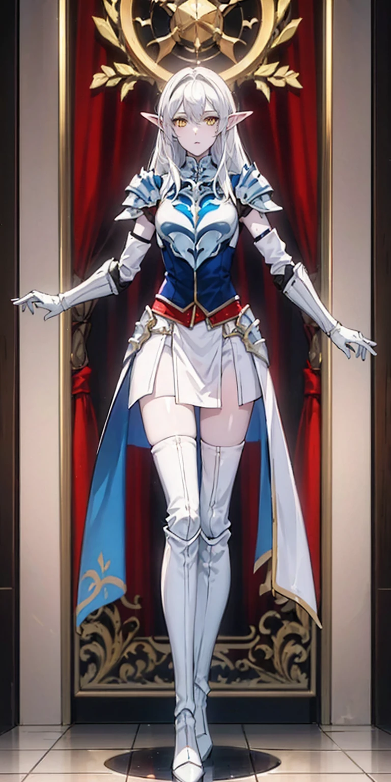 masterpiece, best quality, high quality, white SKIN elf, long hair, white hair, yellow eyes, full body, def_effie, blue breastplate, white skin, looking at viewer, shiny armor, thigh highs, high boots, shoulder armor, faulds, poleyn, gloves, gauntlets