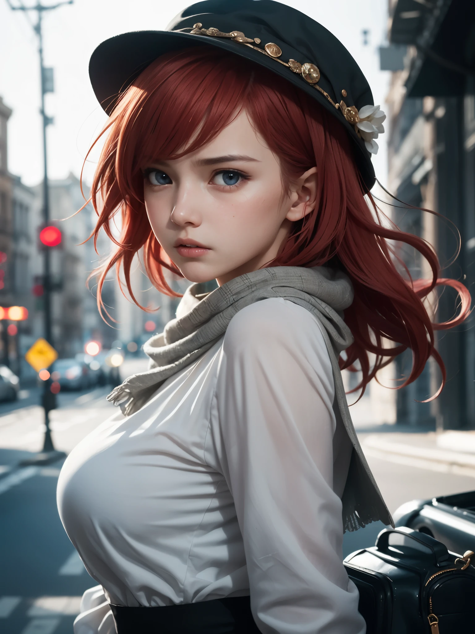 1girl, detailed face, looking at viewer, (cute angry expression, tsundere expression:1.2), from side, cloche hat, (long sleeve blouse:1.2), scarf, fluffy short hair, windswept, dynamic pose that implied movement, film portrait photography, wavy shoulder-length hair, (realistic detailed eyes, natural skin texture, realistic face details), soft dramatic lighting, depth of field, bokeh, vibrant details, finely detailed, hyperrealistic, 35mm film, hazy blur, filmg, vonzy, (red hair), huge breast, (13yo, cute:1.3),