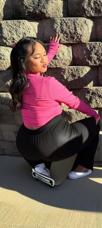 araffe woman sitting on the ground next to a wall with a skateboard, thicc, nicki minaj curvy, she has a jiggly fat round belly, skinny waist and thick hips, profile image, shot from the back, insanely inflated hips, big booty, view from the back, from the back, from the side, widest hips, seen from behind, viewed from behind, view from behind, view from the back, shot from the back, half asian, pov from rear, shot from behind, thicc, view from back, photographed from the back, photo from behind, backview, seen from the back, thick thighs, beautiful thick female, thick body, curvy accentuated booty, filipina, beautiful girl, big ass, huge ass, bbw, from behind, thick, thick thighs, wide hips, bbw, big , sideboob, giant ass, back view, big butt, round butt, tight underwear, underwear halfway off, underwear taking off, grabbing ass, ass spilling over underwear, too thick for clothes, underwear only, see-through pants, NAKED, no pants