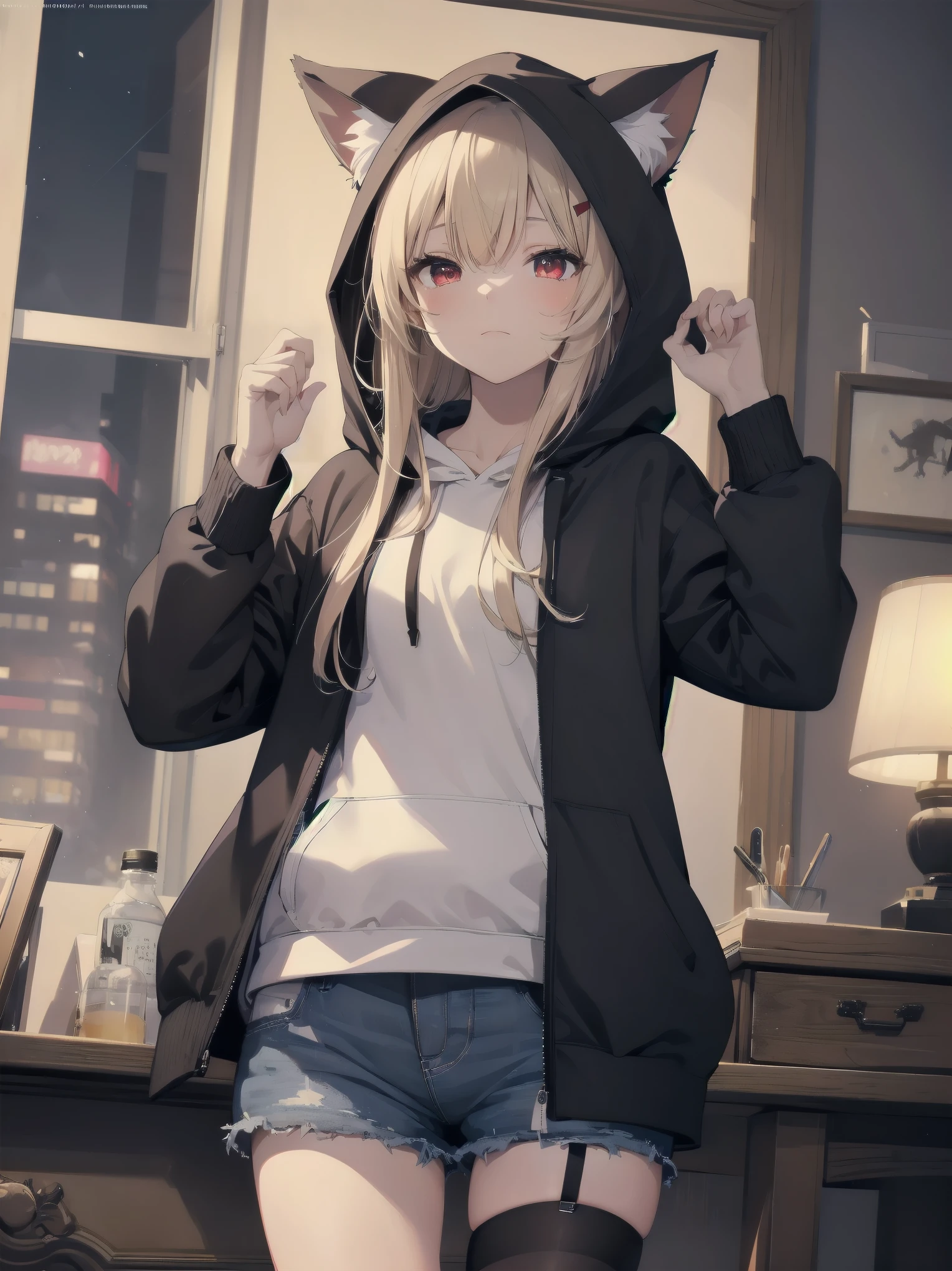 A cute girl with cat ear hood, ((cute)), a masterpiece, highest quality, impeccable face, hoodie, hoodie up, looking up, hands up, slim, fur, cozy, warm, window, night, long hoodie, no pants, 4K, wallpaper, closed eyes, digital art, anime style, beautiful eyes, intimate, detailed, warm colors, red eyes, black stockings.