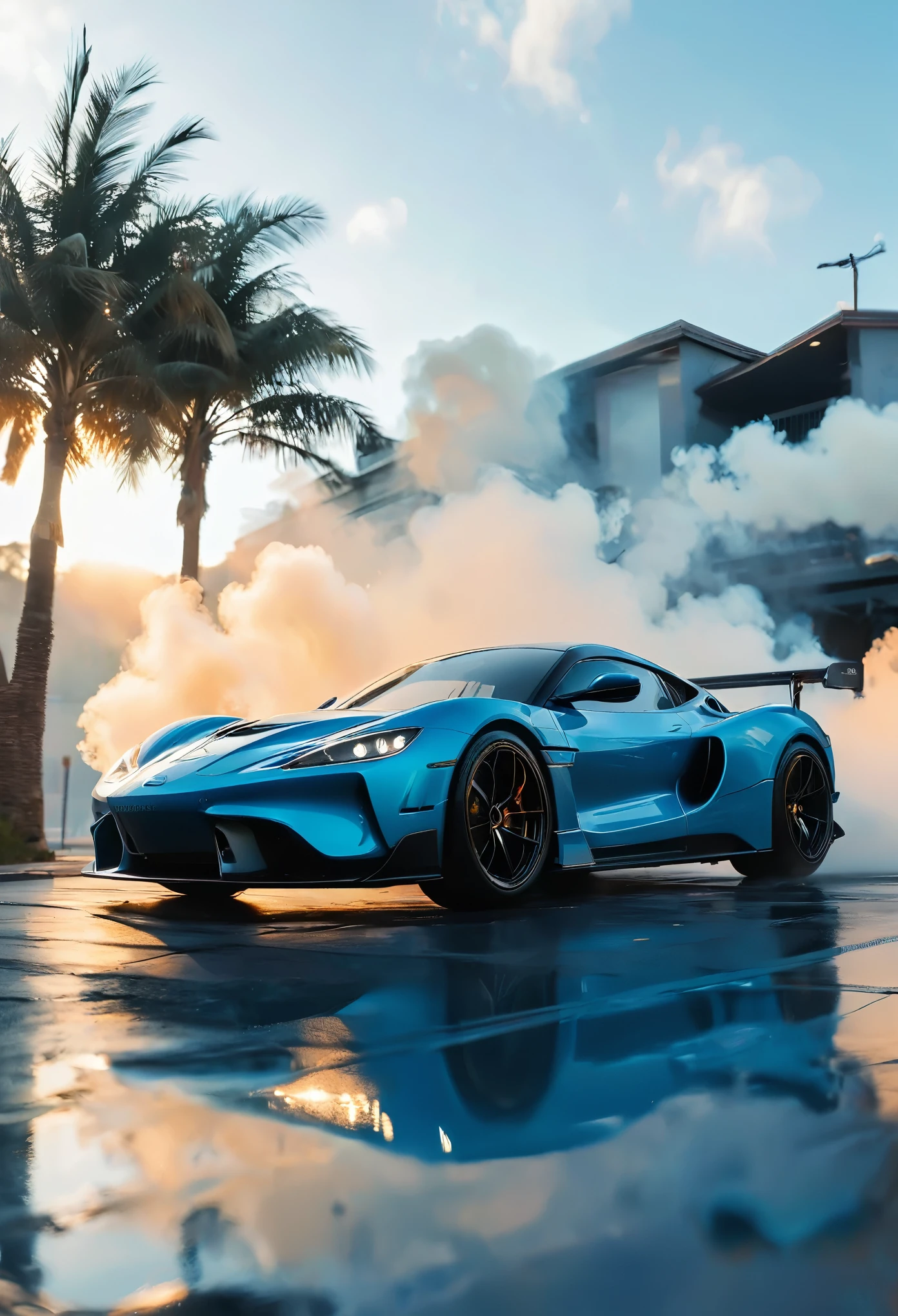 fast, blue, car, cook, smoke, supercar, tunder realistic, sony α7 III, candid 4k, F1. 2, 85mm, 32k render, photography no background