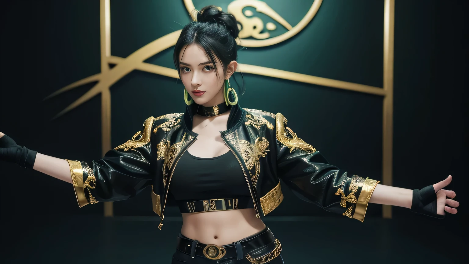 best quality, masterpiece, 8k wallpaper, absurd, highres, ultra detailed, (1 young beautiful girl, solo: 1.1), piercing eyes, navel, fingerless gloves, black cropped jacket with golden dragon pattern, gold dragon patterned jacket, crop top black, multicolored hair, single hair bun belt (loanword) ï1/4, earrings, blonde hair, black crop top, midriff, make-up, green hair, open jacket, two-tone hair, open shirt, blue eyes, lips, triangle earrings, gold belt, black hair, breasts, black pants, hoop earrings, standing, black gloves, blue hair, zipper, BREAK