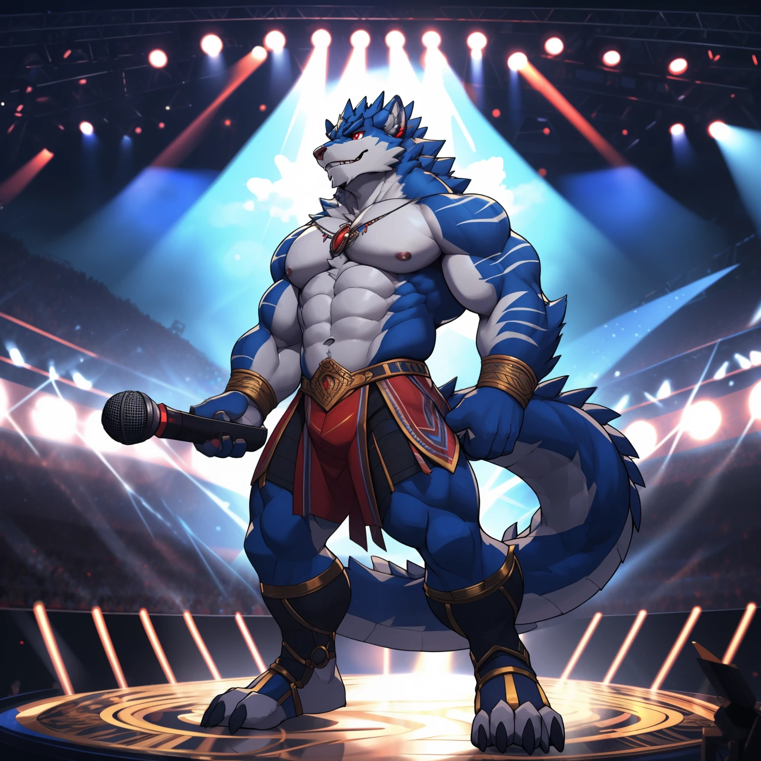 (By: AetherealArtisans, By: DraconicVeil, By: HermesDust)
(Anthropomorphic Zinogre, Full Body, Highly Detailed, Eurovision Scene, Masterpiece, Phantasmagoric Performance, Unreal Engine, Trending on ArtStation, Intricate, Absurdres, Hyperrealistic, Dramatic Lighting, Motion Blur, Depth of Field, Colorful Backdrop, Golden Spotlight, Red Eyes Glowing, Blue Fur, Delicate and Expressive Face, Muscular Build, Detailed Tail, Furry, Solo, Eurovision Stage, Microphone in Hand,