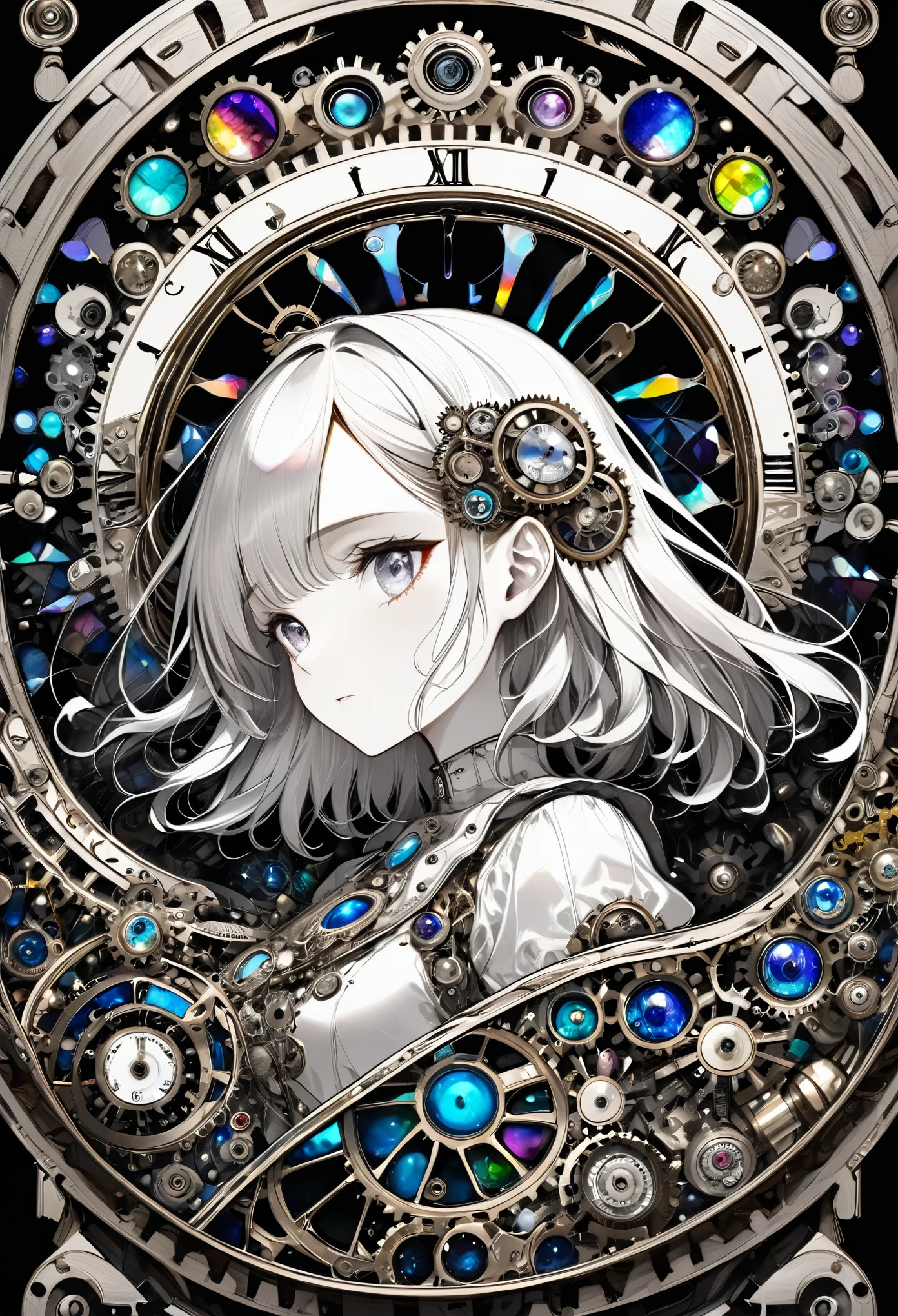 best quality, super fine, 16k, incredibly absurdres, extremely detailed, delicate and dynamic, stained glass kaleidoscope made of jewels of various colors, with mechanical mechanisms, clockwork mechanisms, and gear mechanisms, monochrome girl peering into it, iridescent world artwork