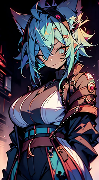 1girl, short_rebellious_hairblue_hair, blue_eyes, scary_eyes, short_hair, hair just blue, expression would be, looking_at_vi ewer, holding, shirt, pant, animal_ears, blue_ ears, wolf_woman, blue_tail, body_perfect, Milf_body, female_body_muscular, scar_on_thighs, scar_on_the abdomen, hunter_outfit_black