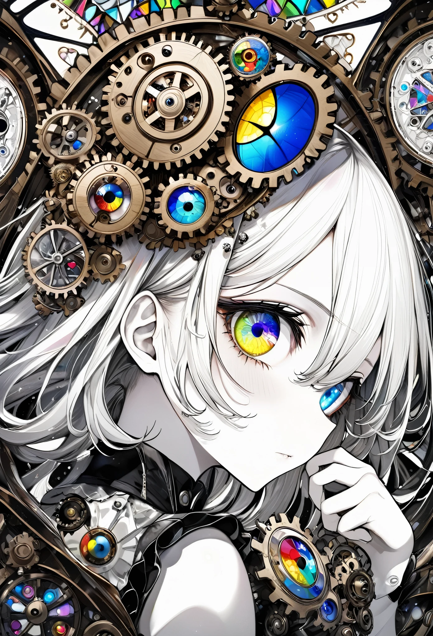 best quality, super fine, 16k, incredibly absurdres, extremely detailed, delicate and dynamic, stained glass kaleidoscope made of jewels of various colors, with mechanical mechanisms, clockwork mechanisms, and gear mechanisms, monochrome girl peering into it, (heterochromia, star-shaped pupils, heart-shaped pupils), iridescent world artwork
