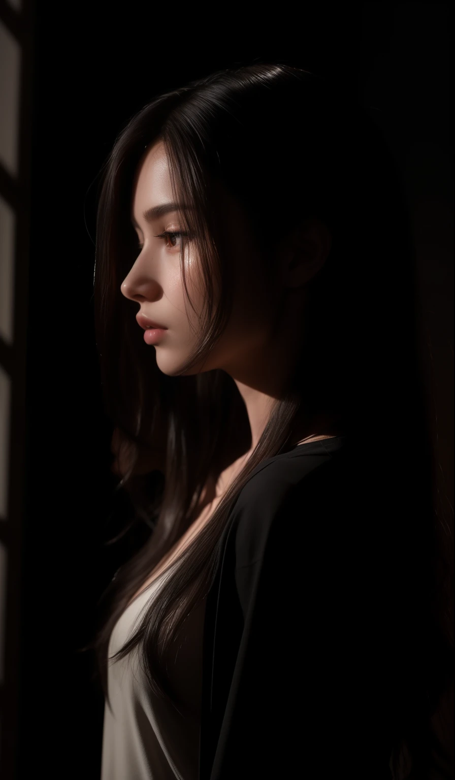 4K, Realistic, Cinematic, Very detailed, Studio shot, Light and shadow shot, Low Key Photos, Dark Shot,20 year old girl , Profile photo, Shot from the side, very dark, Silhouette with Rim Light, Long Hair, Hair Light, Age 25, White skin,  whole body, masterpiece, Photorealism, Soft Light, Rim Light.