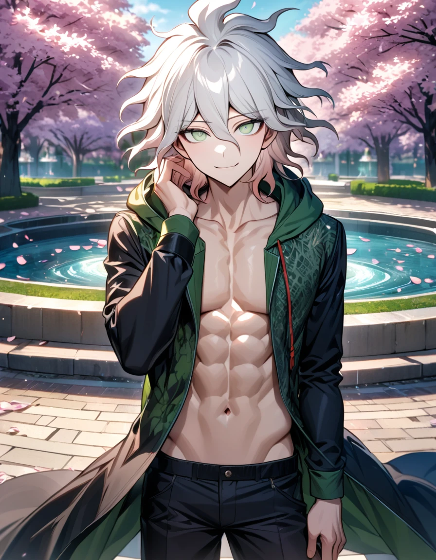 Ultra detailed, Highres, absurdres, HDR, Komaeda Nagito, white hair, expressive light green eyes, black long coat with patterns with a hoddie, Danganronpa, pink flowers, petals, handsome, sexy man, solo, very detailed eyes and face, park, fountain, cherry blossoms, black tight t-shirt, master piece, smirking, toned chest,