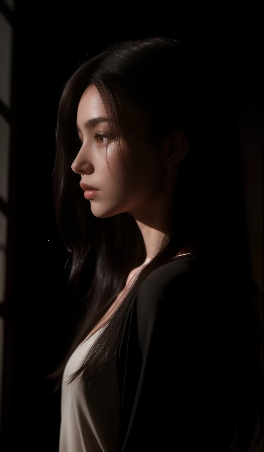 4K, Realistic, Cinematic, Very detailed, Studio shot, Light and shadow shot, Low Key Photos, Dark Shot,20 year old girl , Profile photo, Shot from the side, very dark, Silhouette with Rim Light, Long Hair, Hair Light, Age 25, White skin,  whole body, masterpiece, Photorealism, Soft Light, Rim Light.