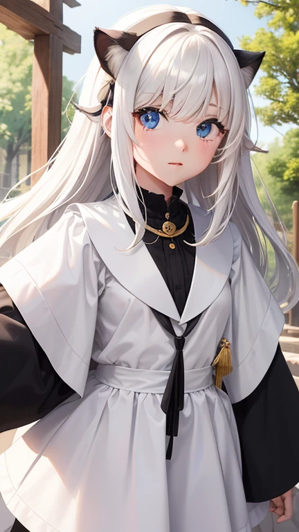 Obra maestra, mejor calidad, bishoujo, alumno, pelo largo, pelo rubio, pelo entre los ojos, Pelo entre los senos, heart hair ornament, hermosos ojos detallados, white tabs, pechos grandes, gato_orejas, muslos blancos, uniforme del monasterio de piedra mach,