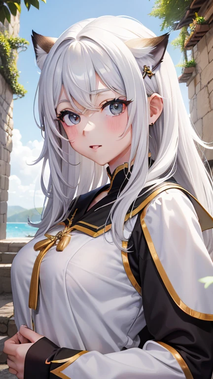 Obra maestra, mejor calidad, bishoujo, alumno, pelo largo, pelo rubio, pelo entre los ojos, Pelo entre los senos, heart hair ornament, hermosos ojos detallados, white tabs, pechos grandes, gato_orejas, muslos blancos, uniforme del monasterio de piedra mach,