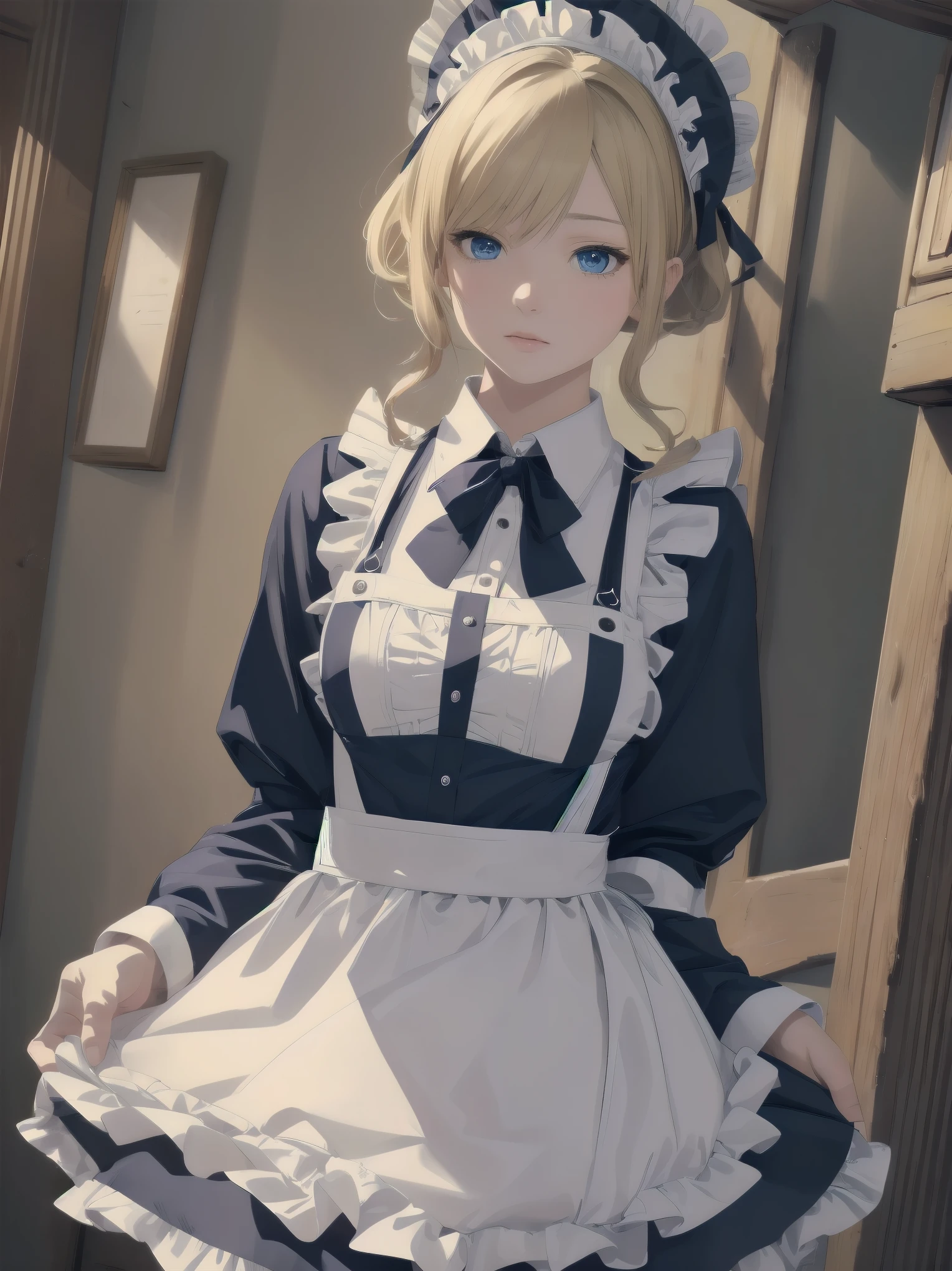 (Cowboy Shot:1.3),Blonde,Hello,blue eyes,tokidef, Maid, Maid headdress, Maid apron, Blue ribbon,masterpiece,Noise Reduction,Perfect Anatomy,High resolution, Very detailed,Game CG,Dutch Angle ,Beautiful fine details,Visual Arts,Five Fingers, Perfect hands, Perfect lighting,
